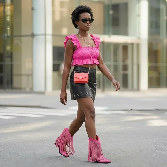 〽️Women's Pink Fringe Cowboy for Mid Calf Cowgirl Pointed Toe Chunky Heel Boots - Picture 3 of 6